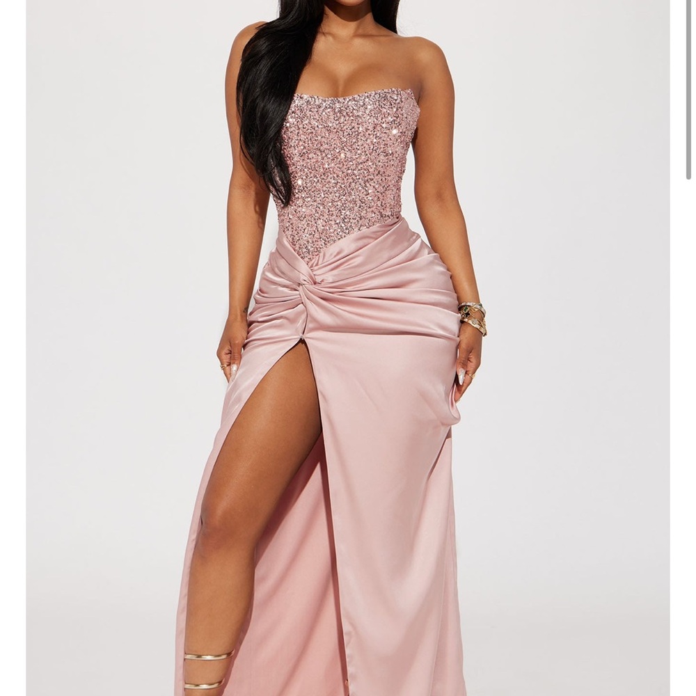 Fashion Nova Pink Gold Strapless Ruched Gown
